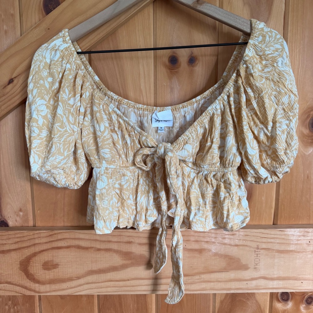 Tie Front Crop Top Medium‎ Yellow Floral Puff Sleeve Boho Festival Coquette